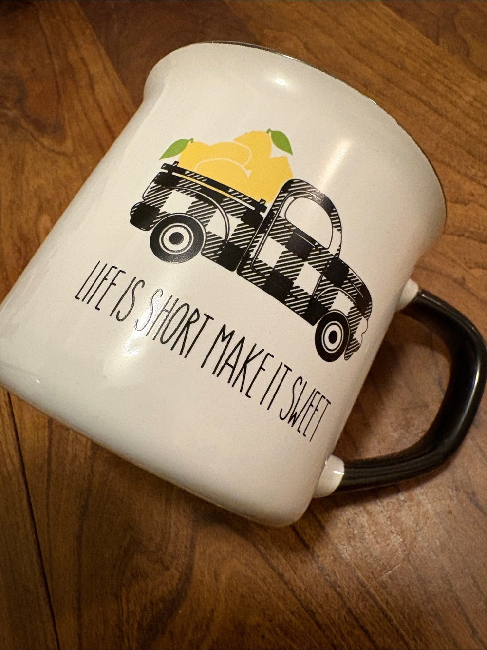 White Ceramic Mug with Black Handle and Lemon Truck Design